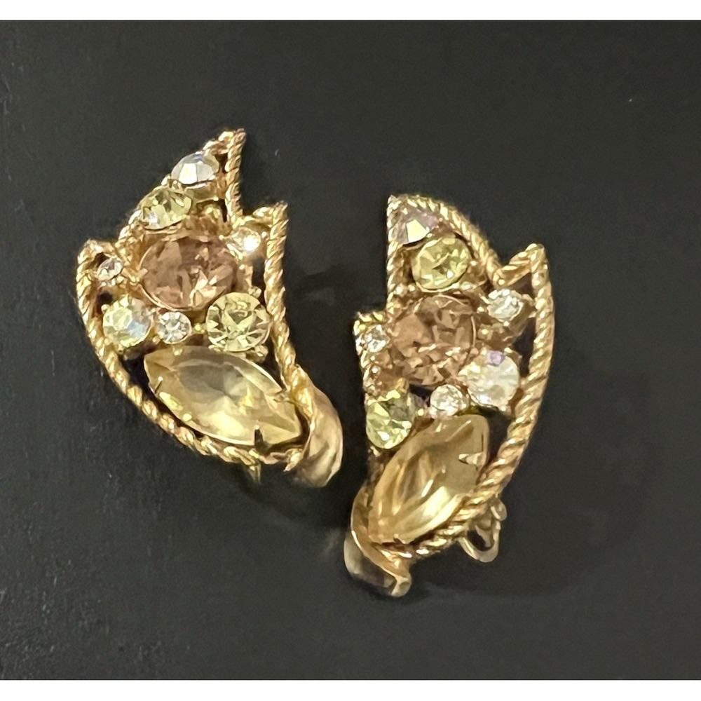 VTG Emmons earrings MULTICOLOR RHINESTONE AMBER GLOW  openwork Climber - Picture 2 of 15